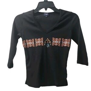 Lei V-Neck Top Aztec Print 3/4 Sleeve Casual Tee Shirt Small‎